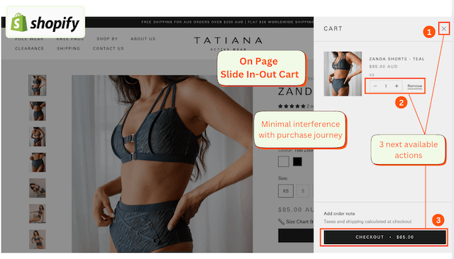 Screenshot of Tatiana Active’s new Shopify slide-out cart, providing a simpler checkout flow.