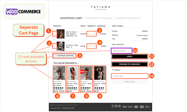 Screenshot of Tatiana Active’s old WooCommerce cart page with multiple checkout actions.