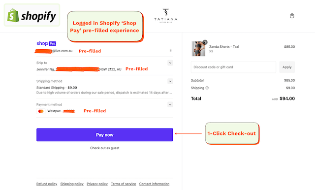 Screenshot of Tatiana Active’s Shopify checkout flow, featuring ‘Shop Pay’ auto-filled details.