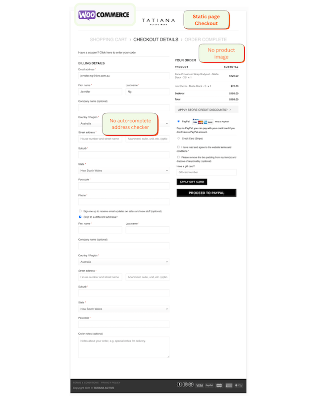 Screenshot of Tatiana Active’s old WooCommerce checkout page with static fields and no product images.